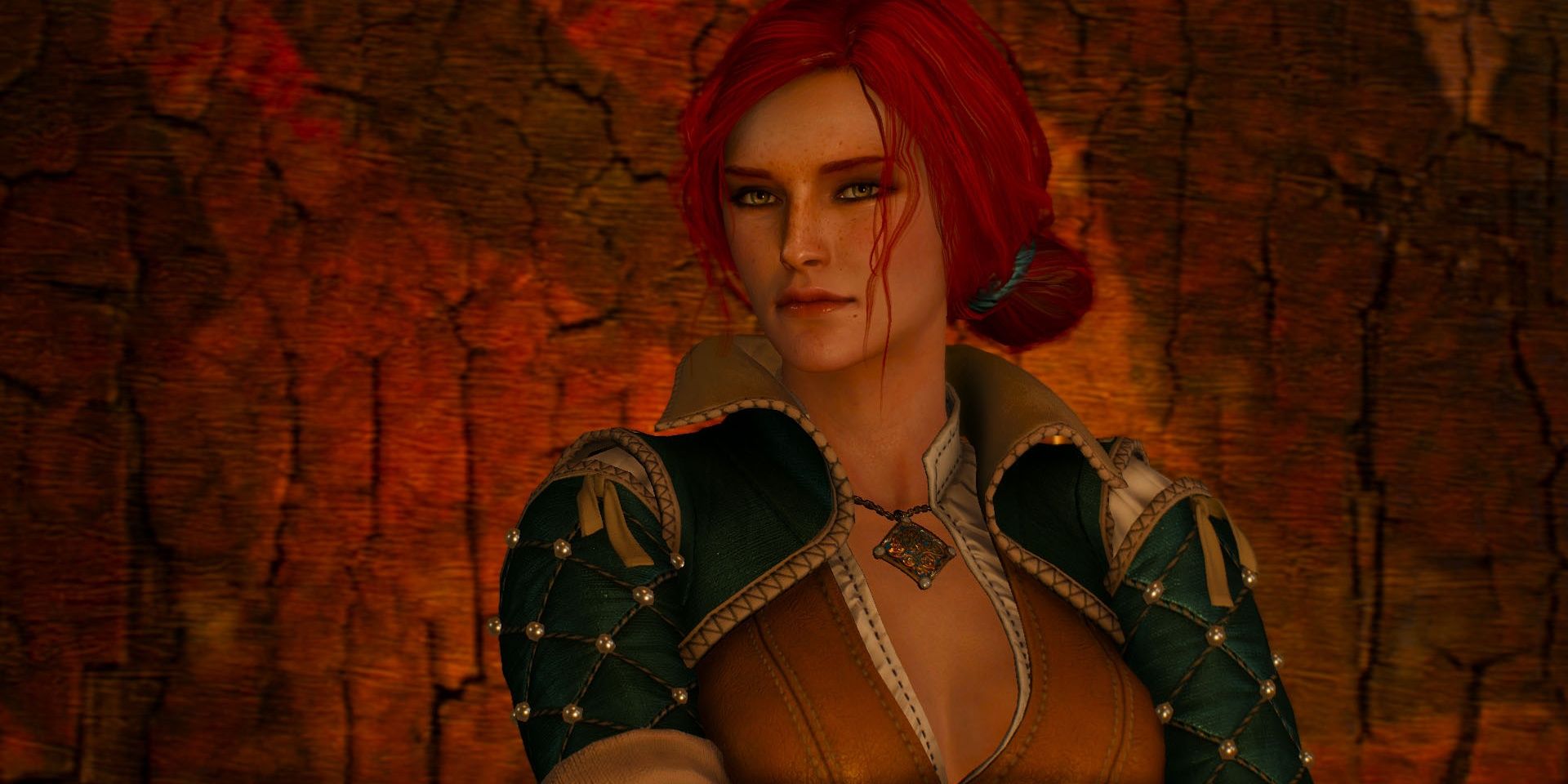 Triss Merigold with her hair in a bun in The Witcher 3.