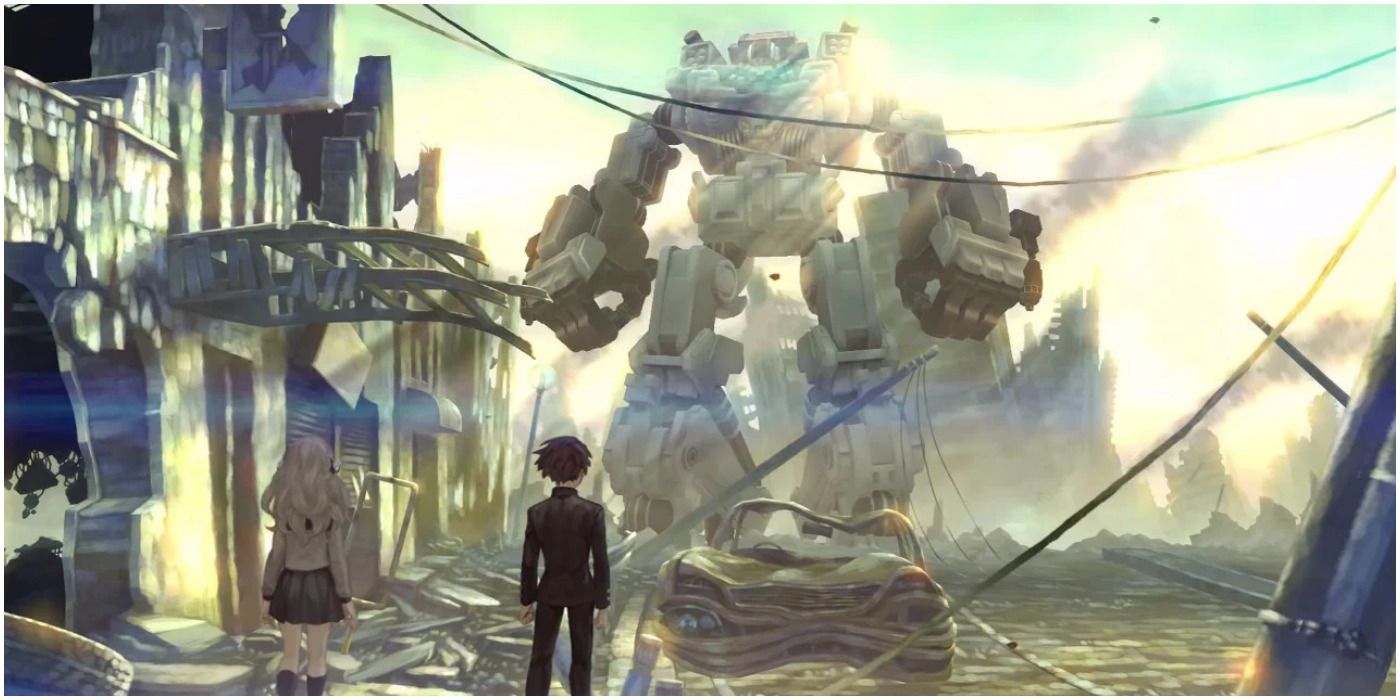 characters standing in ruins looking at giant robot