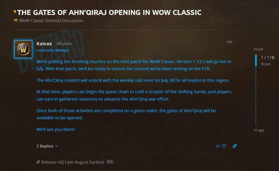 Blizzard Gates of Ahn'Qiraj Forum Announcement