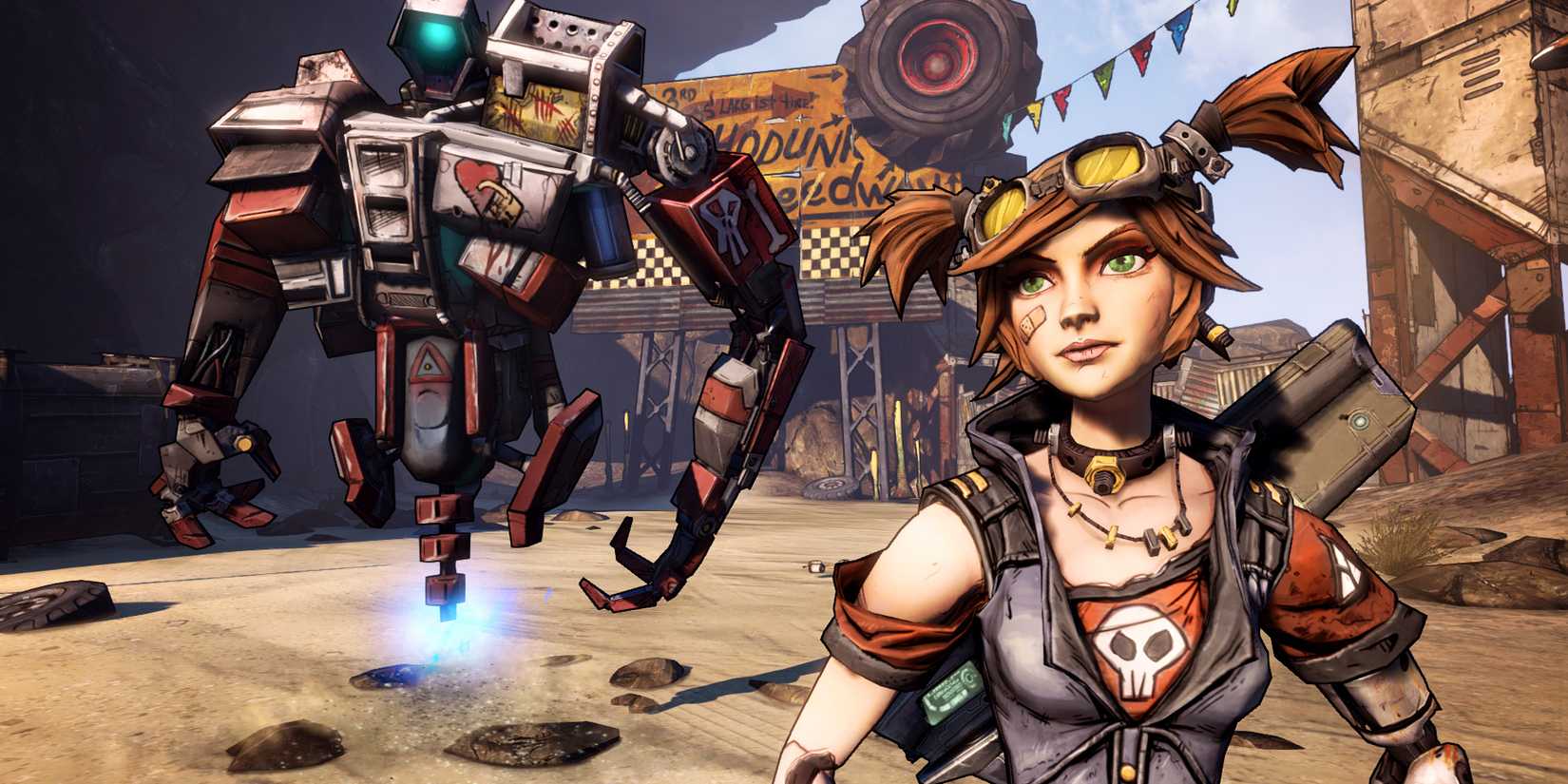 Gaige and her robot Deathtrap by a billboard in Borderlands 2.