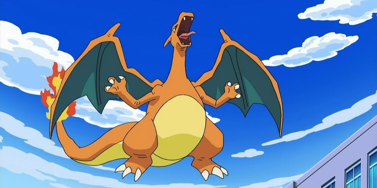 Ash's Charizard floating in the air giving a celebratory roar