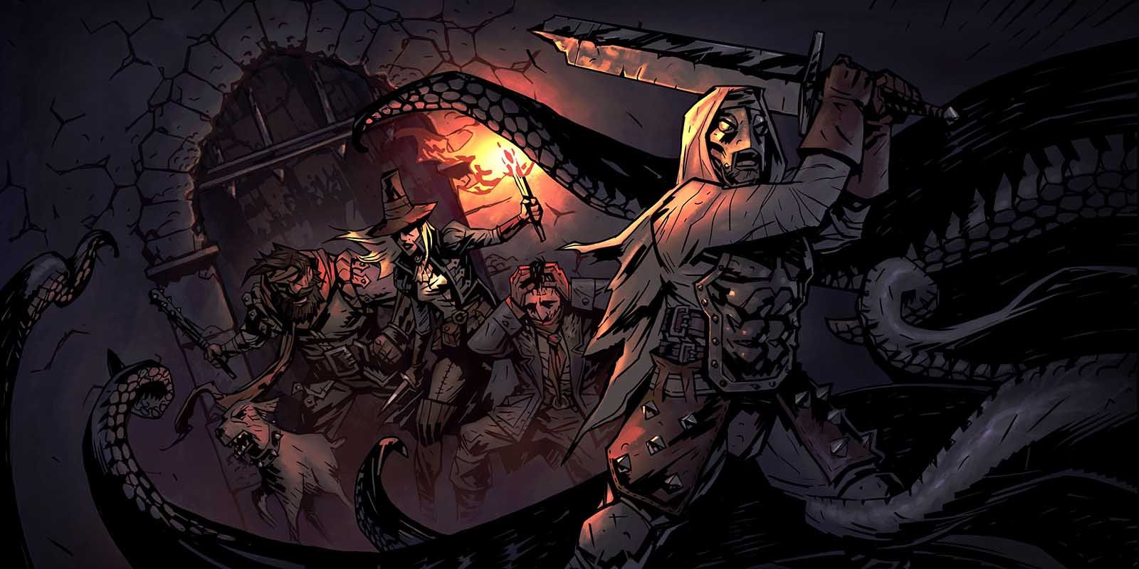 A Zealot slashes at tentacles in a dungeon in Darkest Dungeon