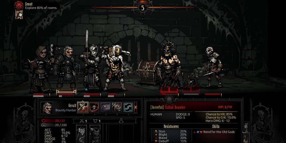 Screenshot of  gameplay in Darkest Dungeon.