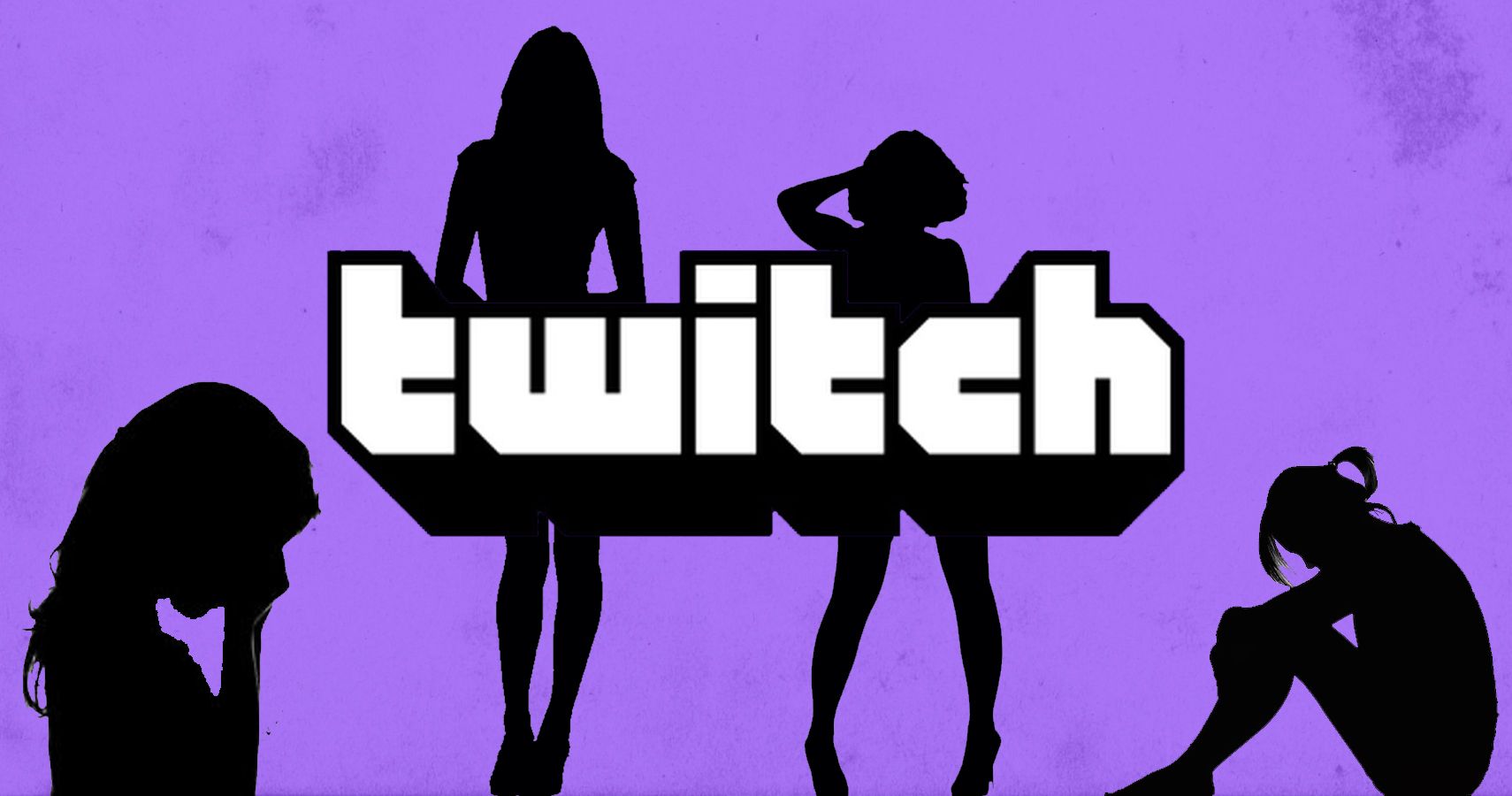 The Twitch logo on a purple background with women's silhouettes behind the logo.