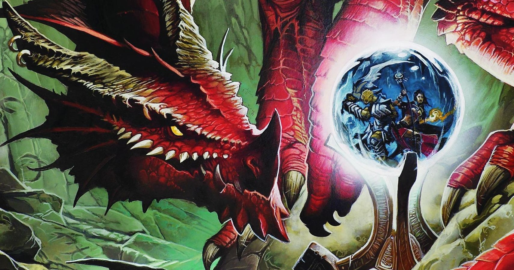 A dragon peers through its crystal ball at unwitting adventurers