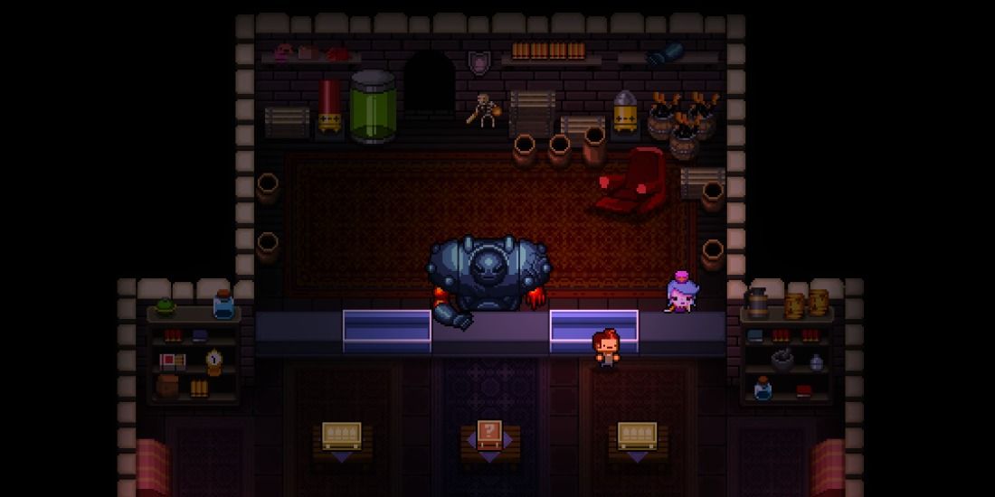 Buying weapons at the Breach shop in the overworld of Enter The Gungeon