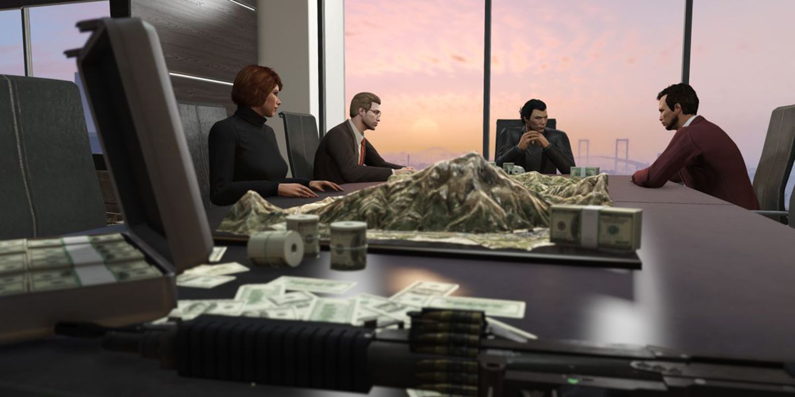 A meeting going on with stacks of cash in the middle of the table in Grand Theft Auto 5