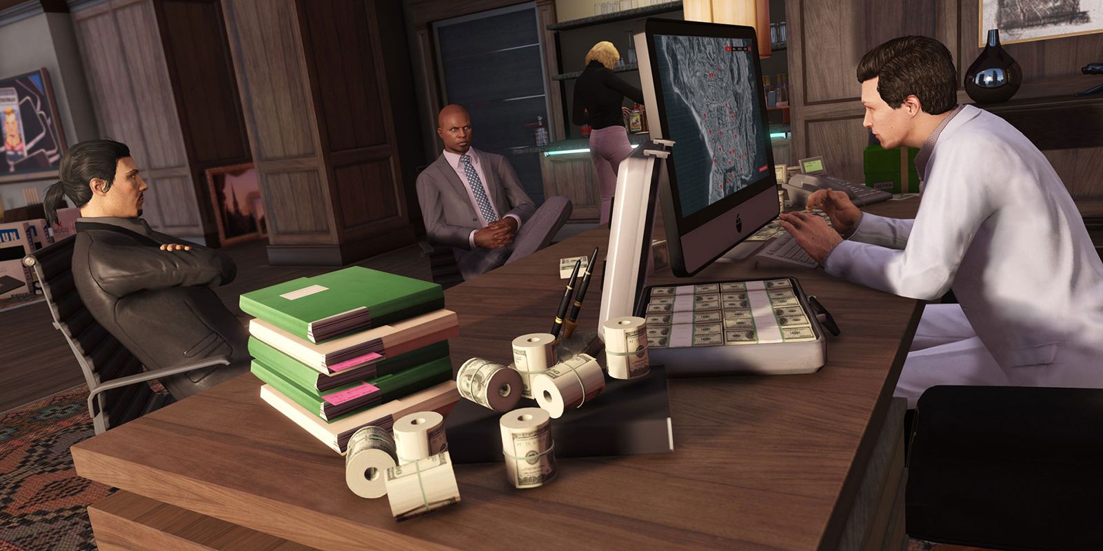 A desk with a lot of money on it in Grand Theft Auto 5