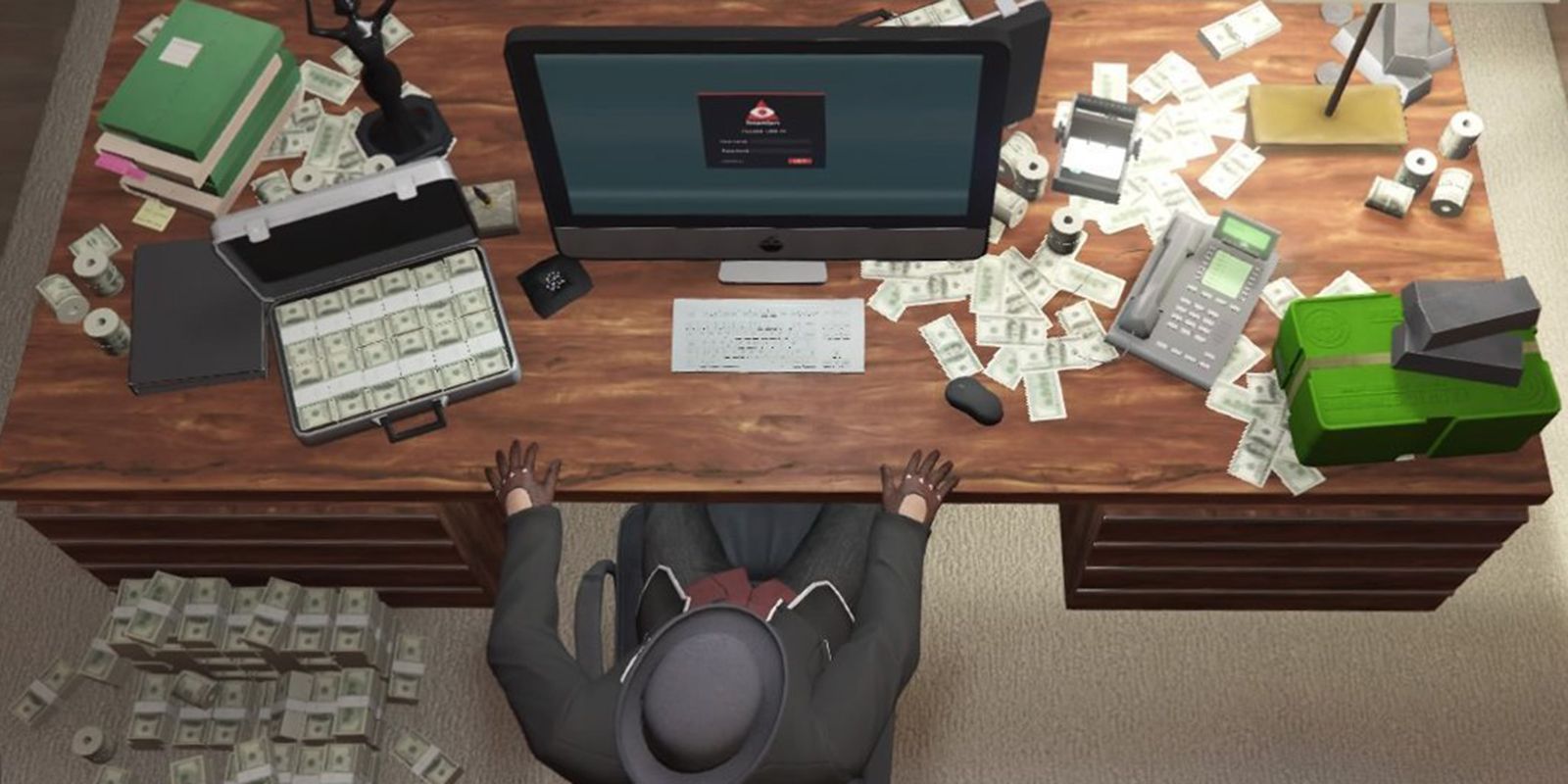 A desk surrounded by money Grand Theft Auto 5