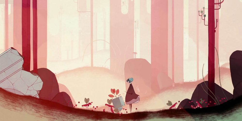 Gris stylized graphics of female character in woodland setting