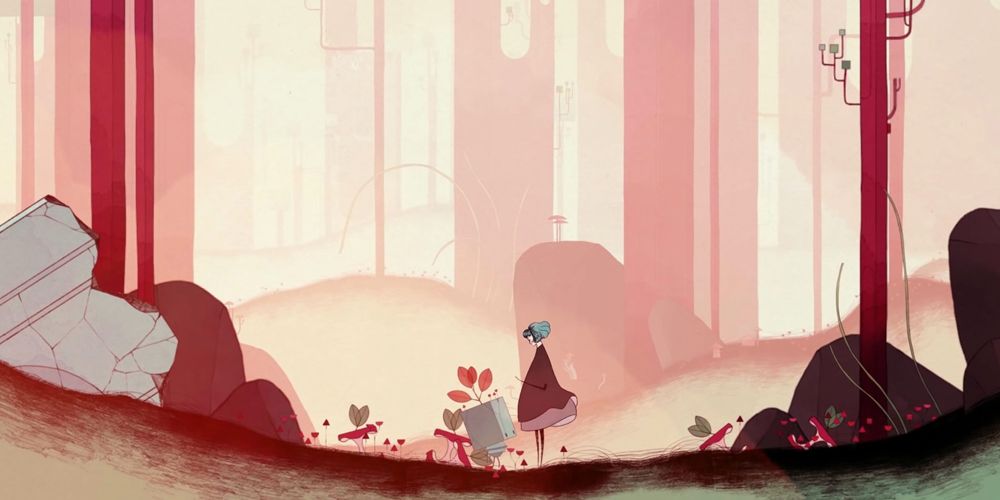 A screenshot showing Gris' stylized graphics of female character in woodland setting.