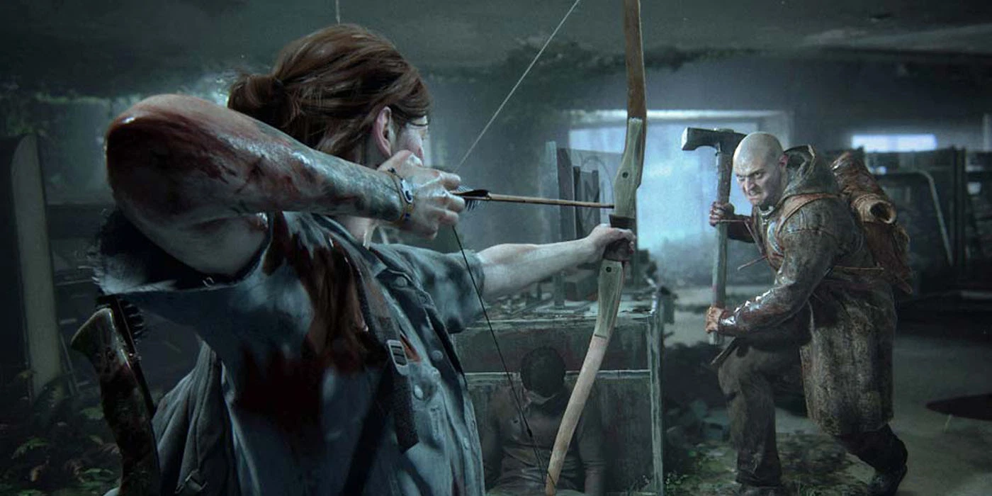 A blood stained Ellie aims her bow at an axe wielding enemy