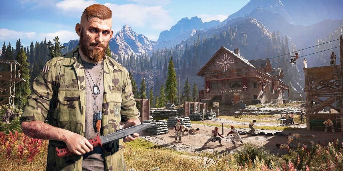 Jacob Seed in Far Cry 5 holding knife with encampment behind him