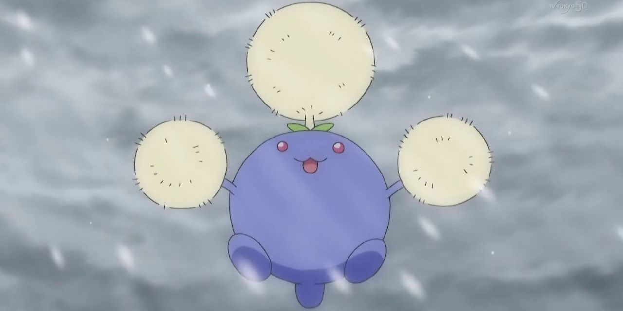 Jumpluff happily playing in a snow storm in the Pokemon anime