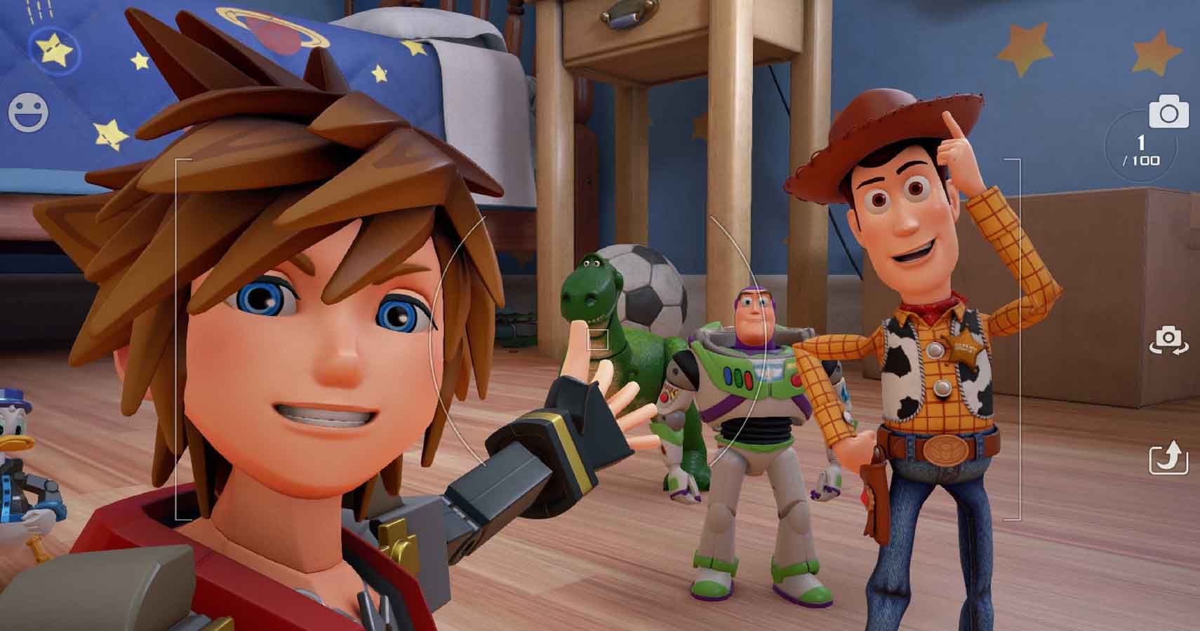 Sora taking a selfie with Woody and Buzz in Kingdom Hearts 3 