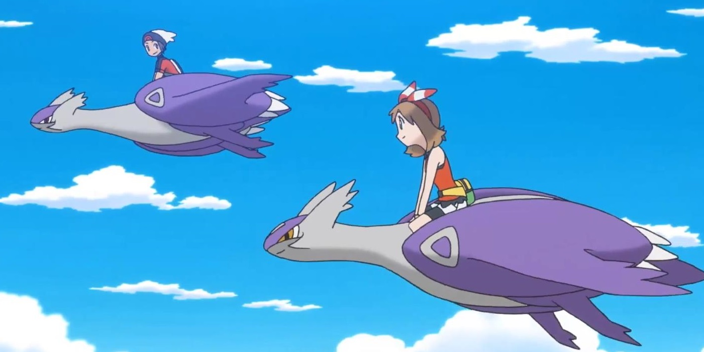 Brandon and May flying on Mega Latios and Latias in the Pokemon Omega Ruby and Alpha Sapphire trailer