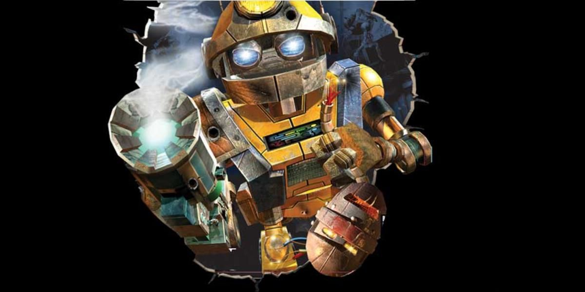 Ratchet And Clank Similar Games - Metal Arms: Glitch In The System - Glitch Breaking Through A Hole In The Wall While Flexing His Gun
