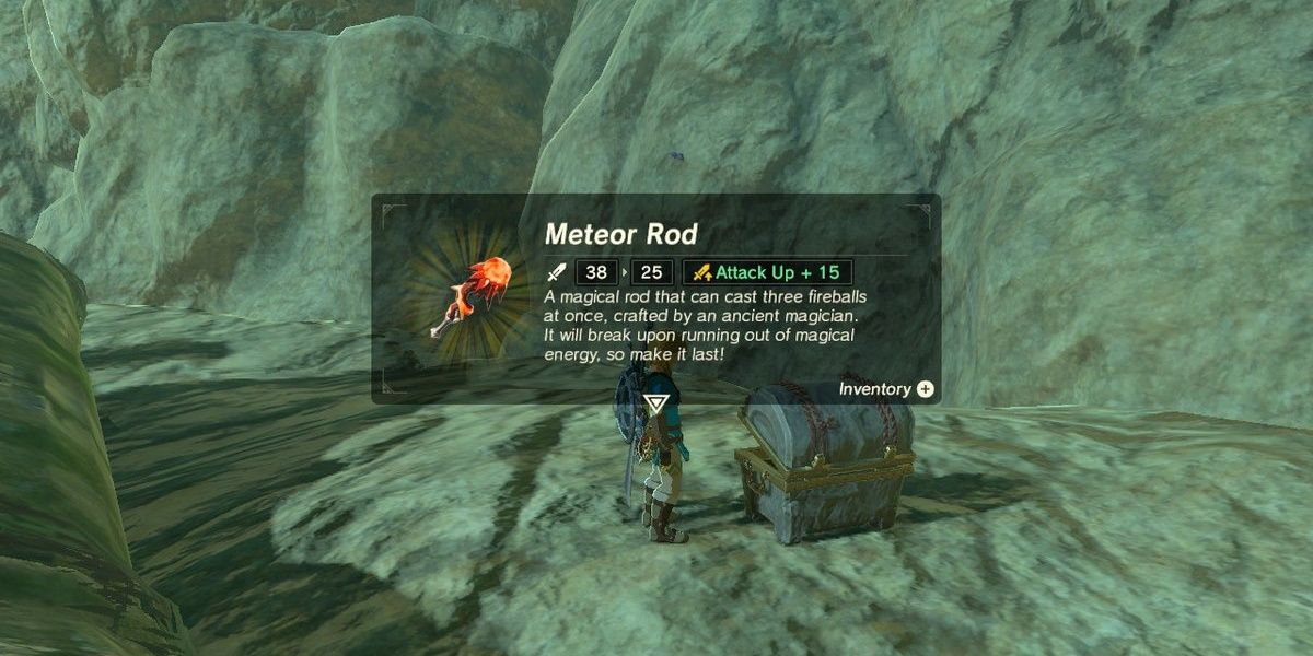 Link picks up the Meteor Rod in Breath of the Wild.