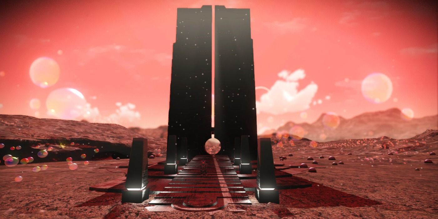 image of a Gek in front of a monolith on a bubble planet from No Man's SKy
