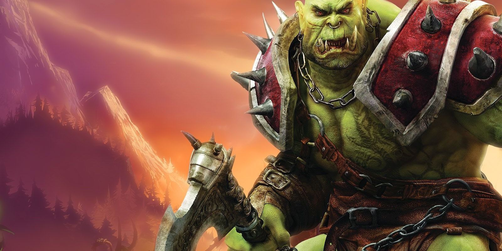 Orc warrior with ax, big shoulder pads and mounatins in the background, promotional art for World of Warcraft.