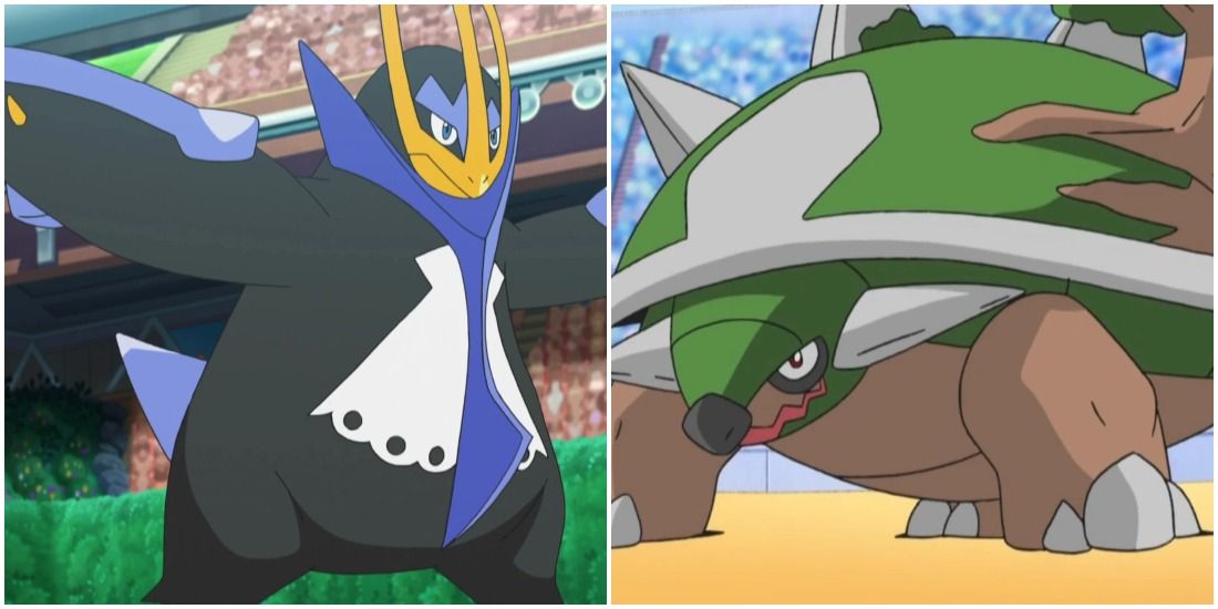 Two of the fully evolved Sinnoh Starters, Empoleon and Torterra, in the Pokemon anime