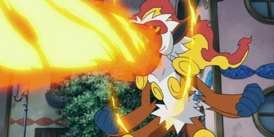 Infernape using a powerful Flamethrower in the Pokemon anime