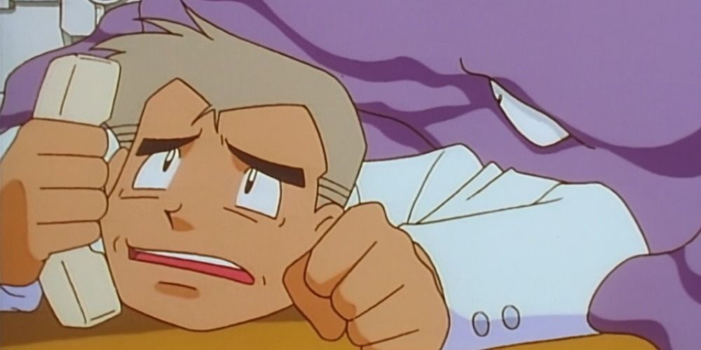 Pokemon Anime: Professor Oak upset on the table while Muk tackles him.