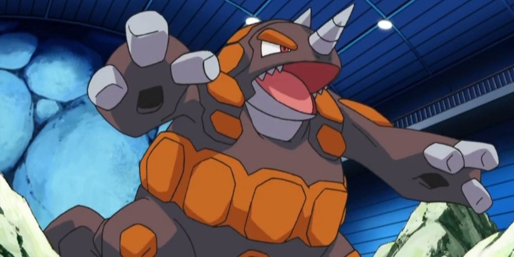 Rhyperior snarls at someone, ready to battle in the Pokemon anime