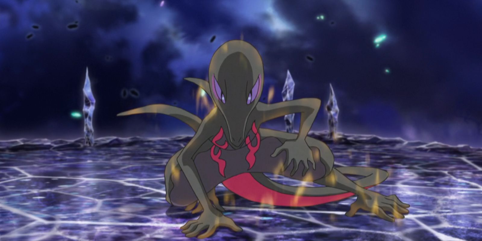Salazzle from the Pokemon Anime getting charged for battle in an astral battlefield