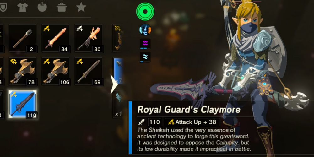Link holding the Royal Guard's Claymore in the menu of Breath of the Wild.
