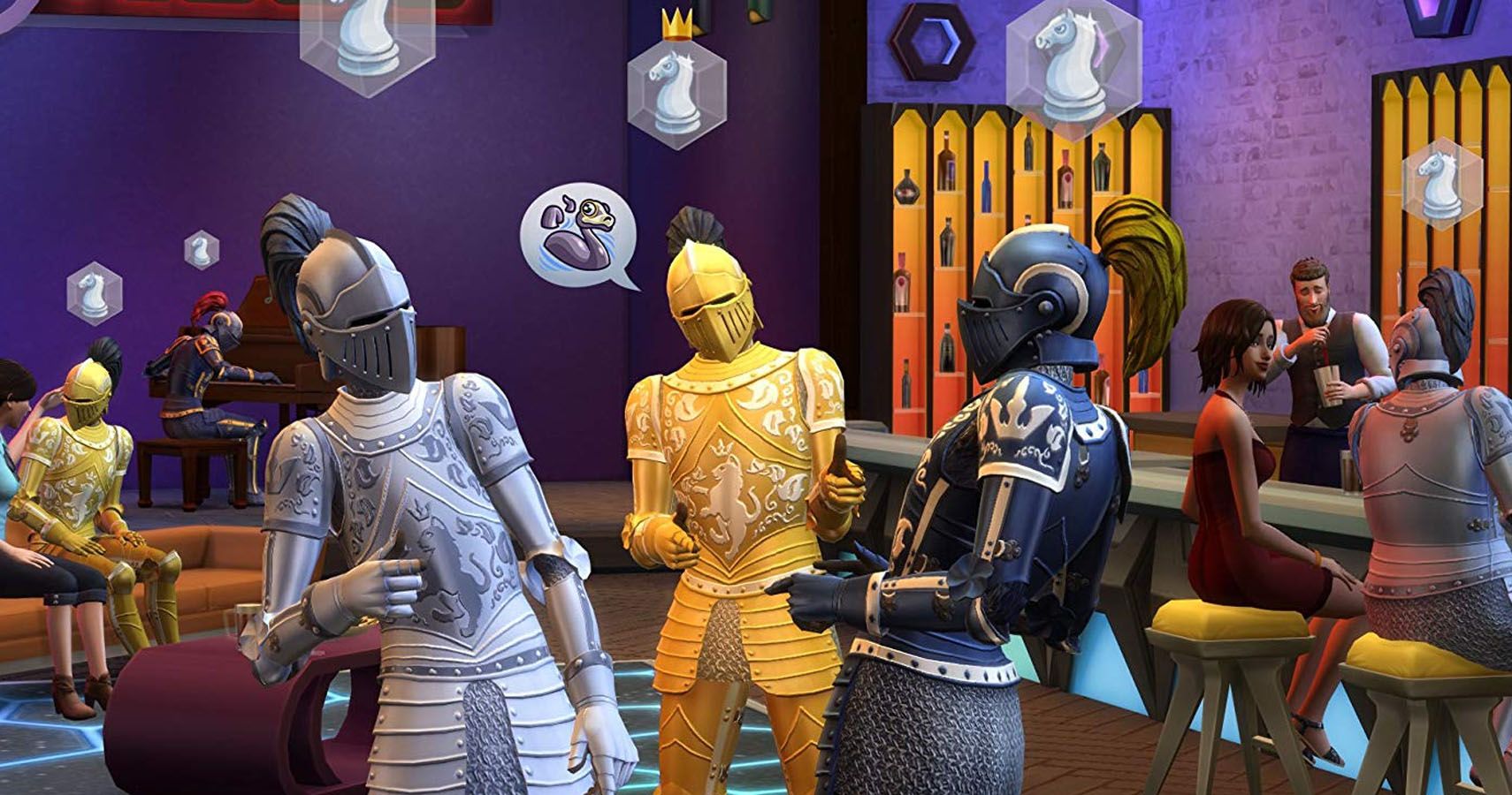 a group of knights in costume in a bar