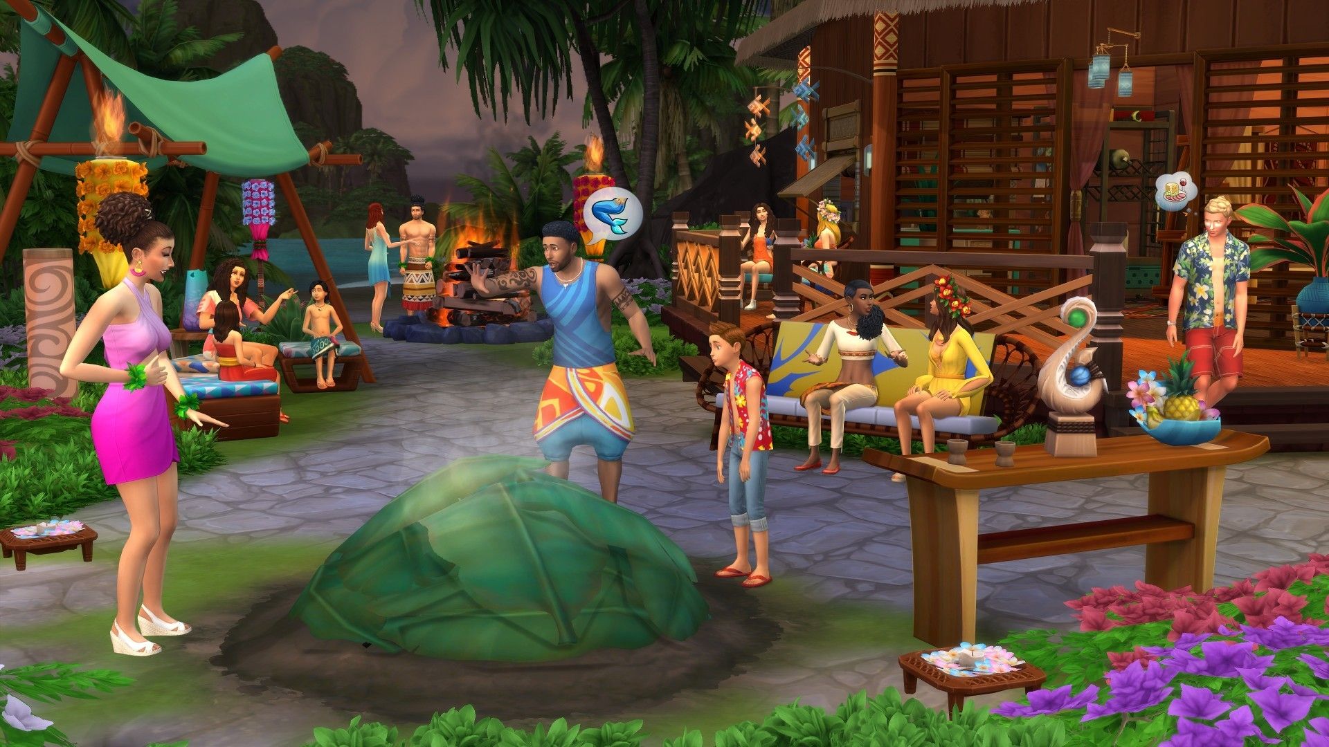 Sims celebrating on sulani with a bbq pit.