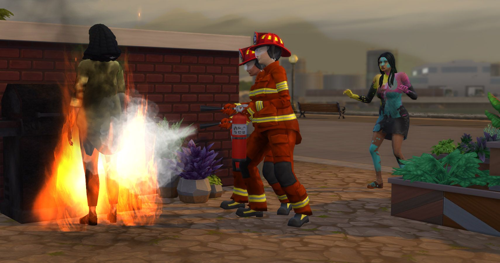 The firebrigade attending a sim on fire while another covered in paint panics.