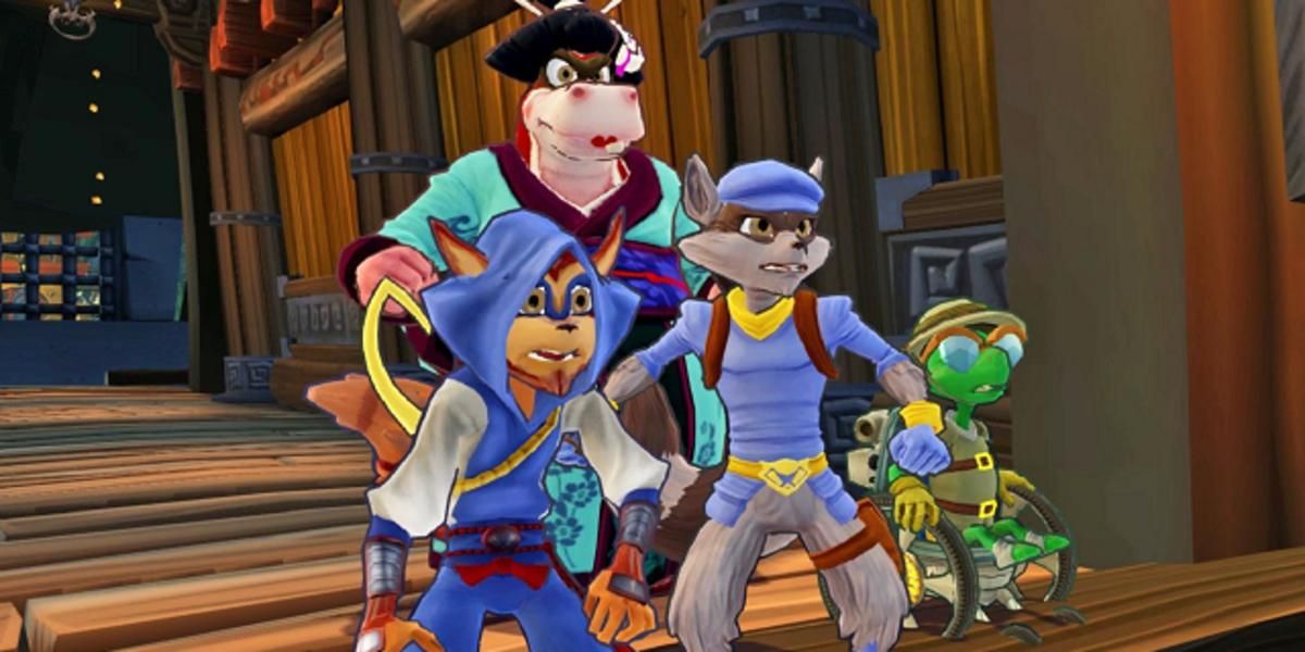 Sly, Murray, Bentley and Riochi gawk at something offscreen in Sly 4.