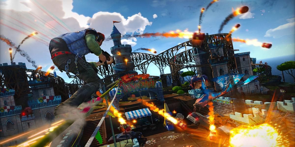 Sunset Overdrive - The Main Character Grinding On A Rail Through An Amusement Park While Dodging Fireballs