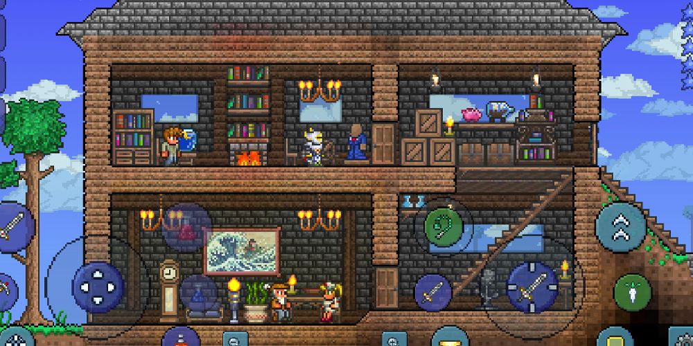 Terraria characters in different rooms of a four-room structure containing bookshelves, chandeliers, and stairs