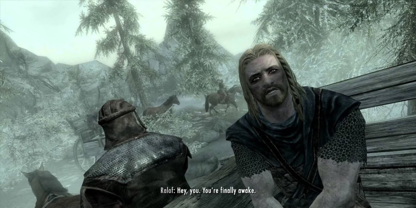 image of Ralof saying &quot;Hey, you. You're finally awake.&quot; from The Elder Scrolls V: Skyrim