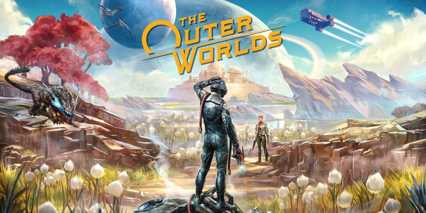 A promotional image for The Outer Worlds featuring an astronaut holding a pistol looking out across an alien landscape with a creature to their left, a person just in front of them, planets and ships above and the game's logo in the upper centre of the image 