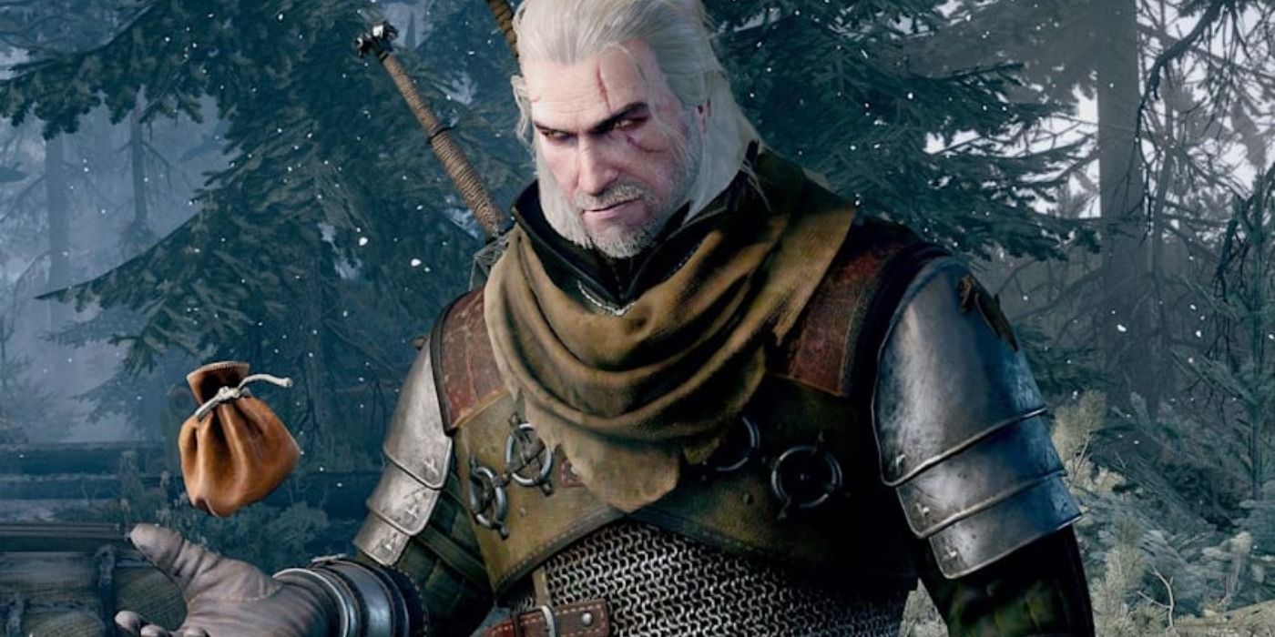 image of Geralt tossing a coin bag from The Witcher 3