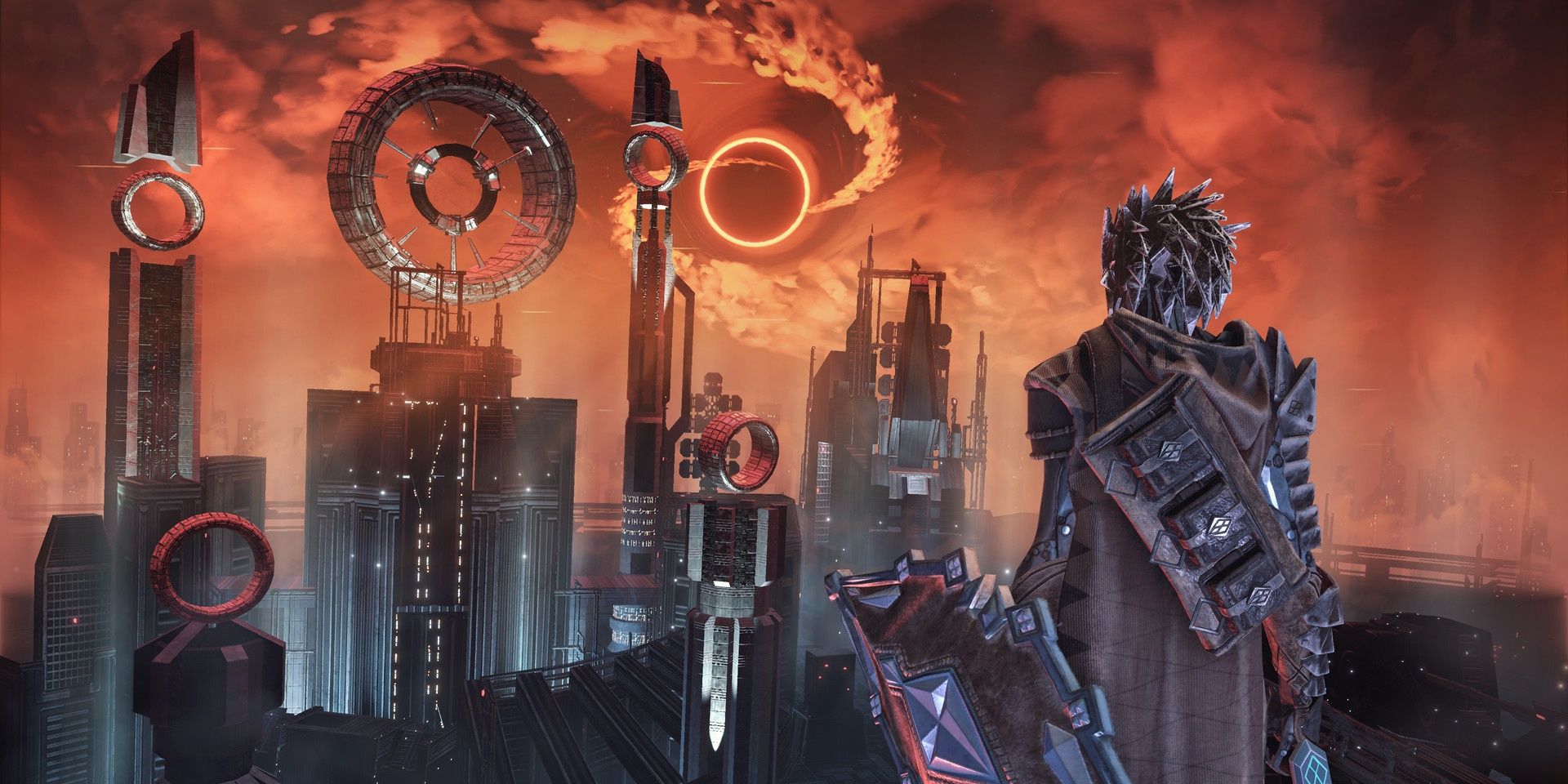 The main character looks toward the skyline of a futuristic city in space in Hellpoint