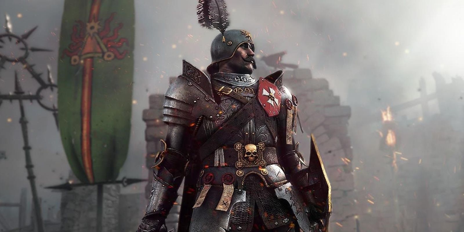 Knight standing on a foggy battlefield