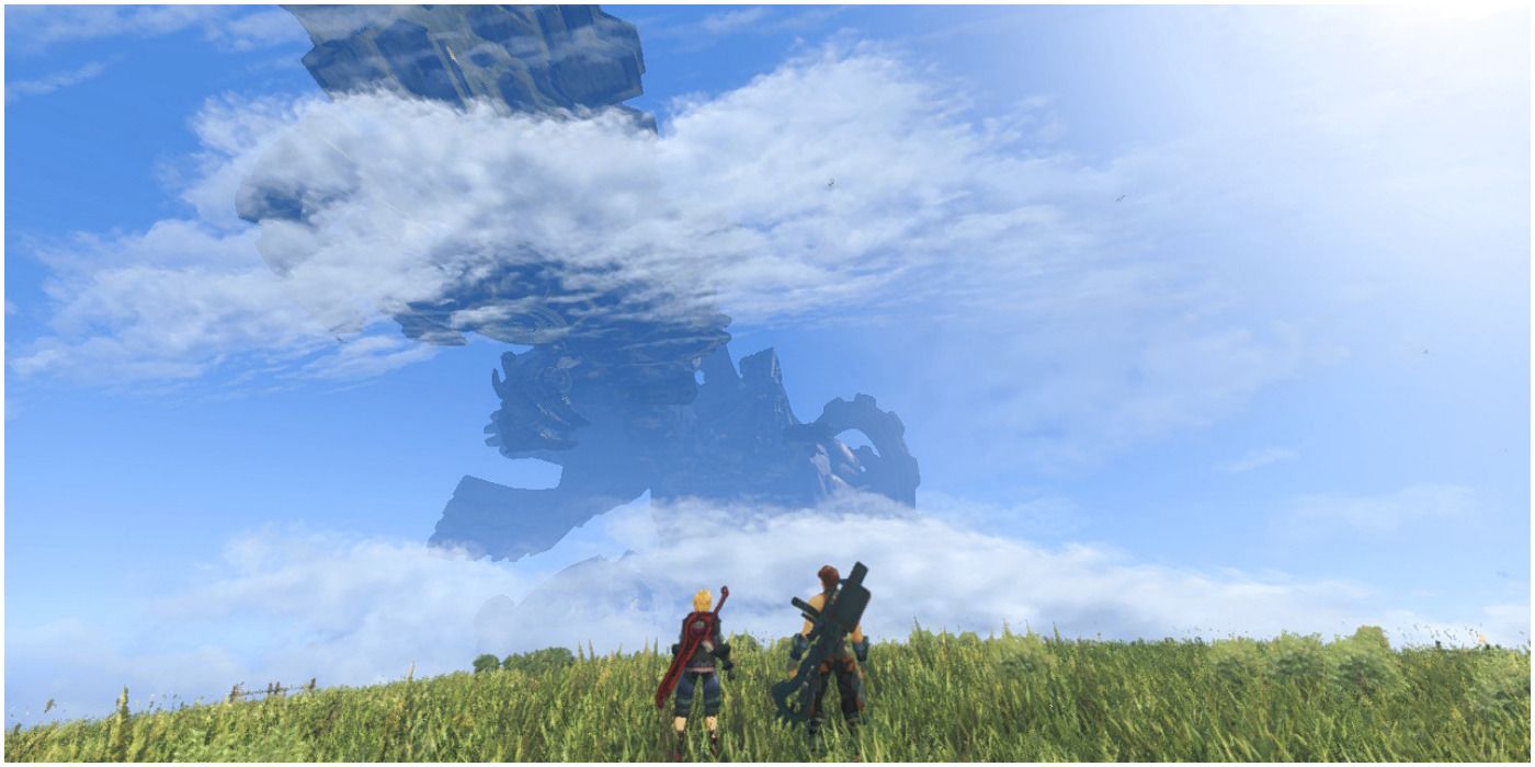 xenoblade chronicles characters stood on hill looking at structure