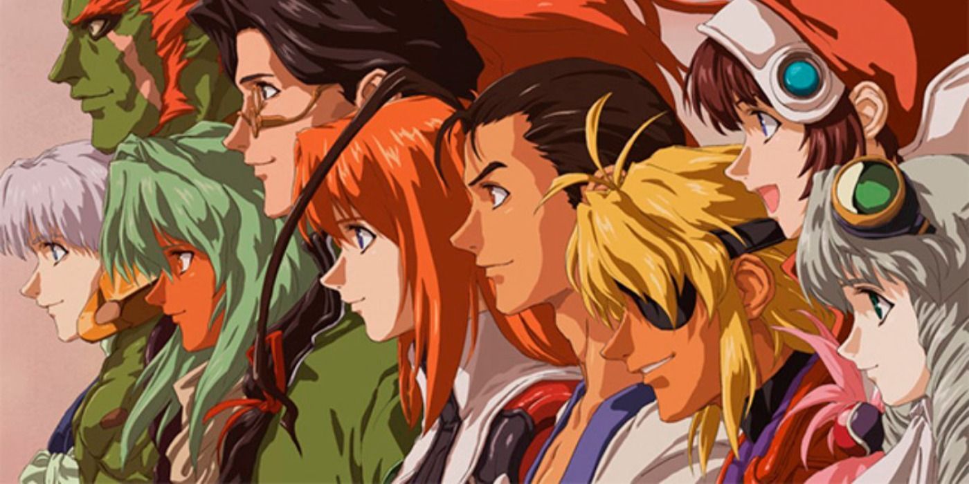 Art showing the entire cast of playable characters from Xenogears