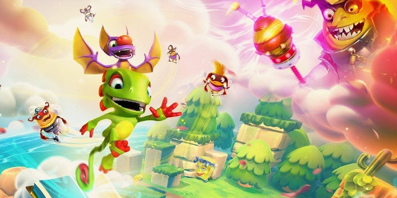 Yooka-Laylee And The Impossible Lair - Yooka And Laylee Jumping Through The Air While Capital B Watches From The Background