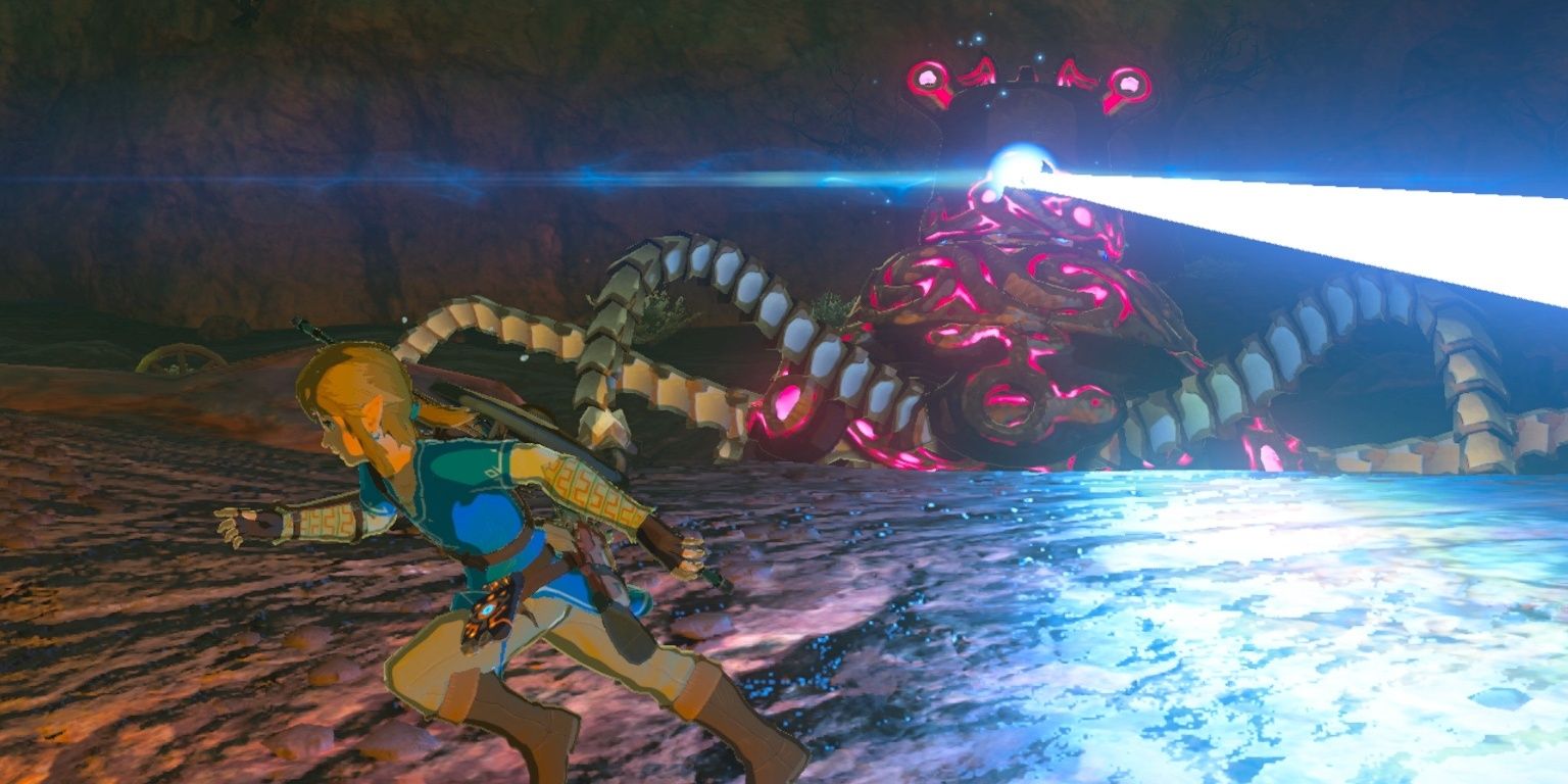 Breath of the Wild - Link avoiding a Guardian's laser attacks