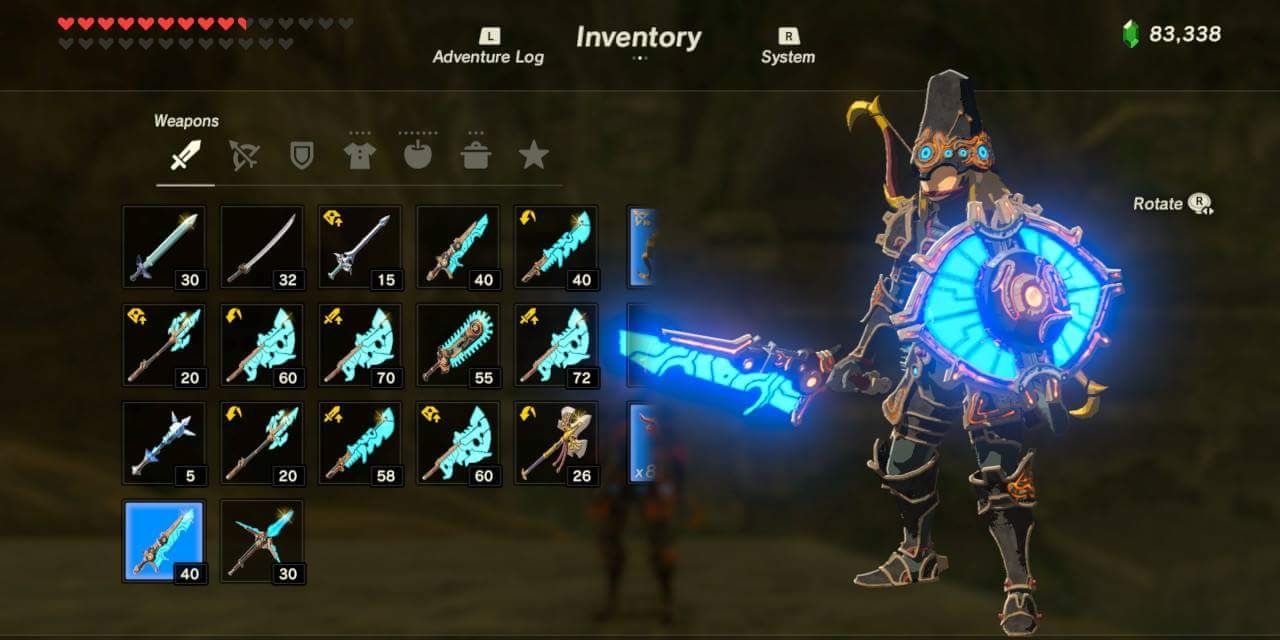 Zelda Breath of the Wild Prepare Guardian Weapons item screen