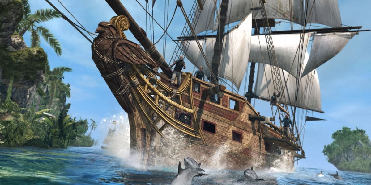 Assassin's Creed Black Flag Sailing Next To A Group Of Dolphins