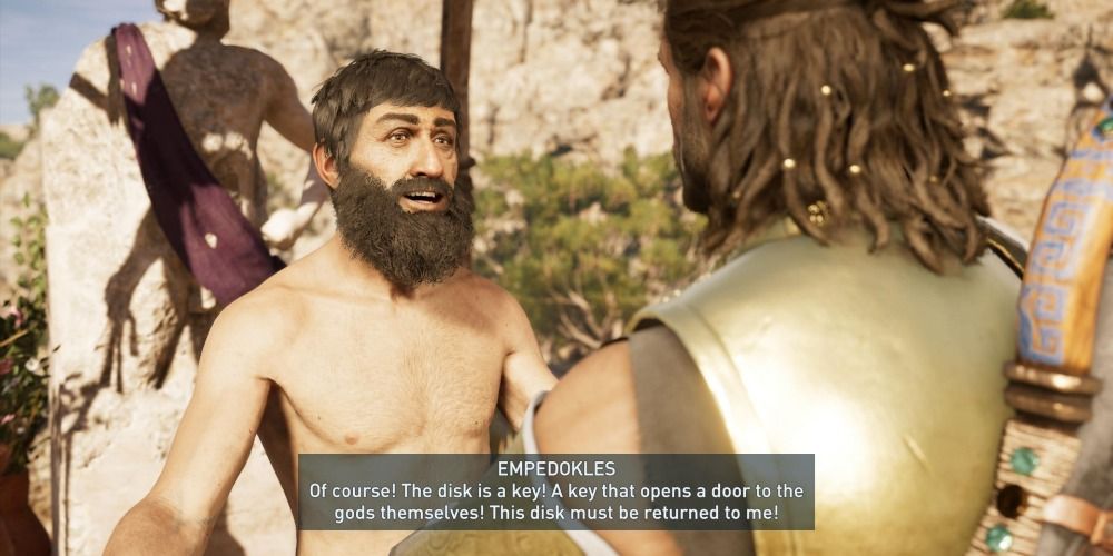 Empedokles explaining a mission to Alexios in Assassin's Creed Odyssey