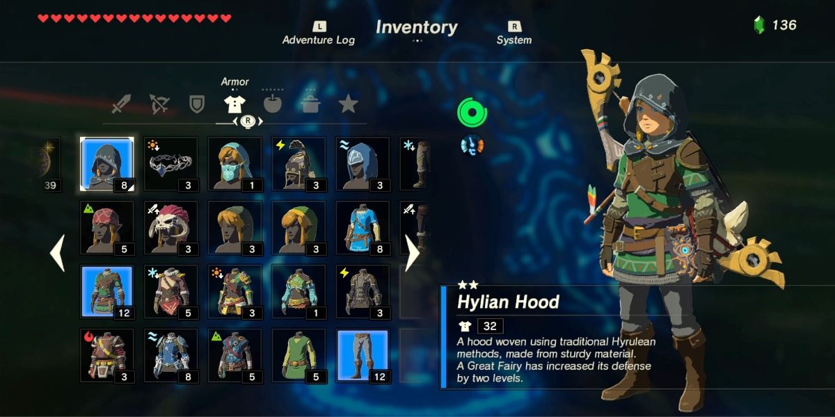 Breath of the Wild armor selection showing the Hylian Hood summary