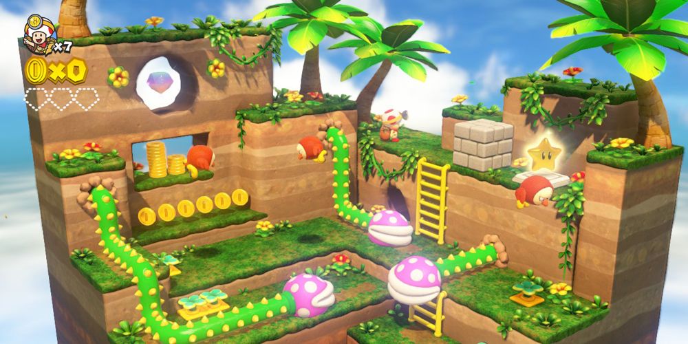 captain toad diorama style level with piranha plants